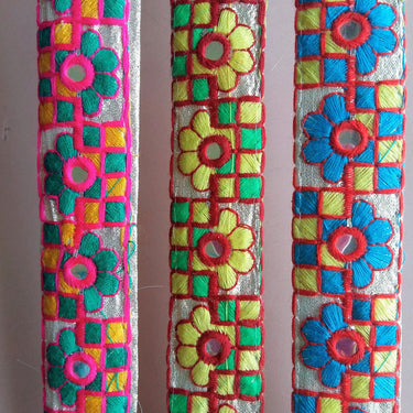 Gold Mirrored Fabric Trim With Green, Yellow And Pink Floral And Square Embroidery, Approx. 32mm Wide - 200317L198